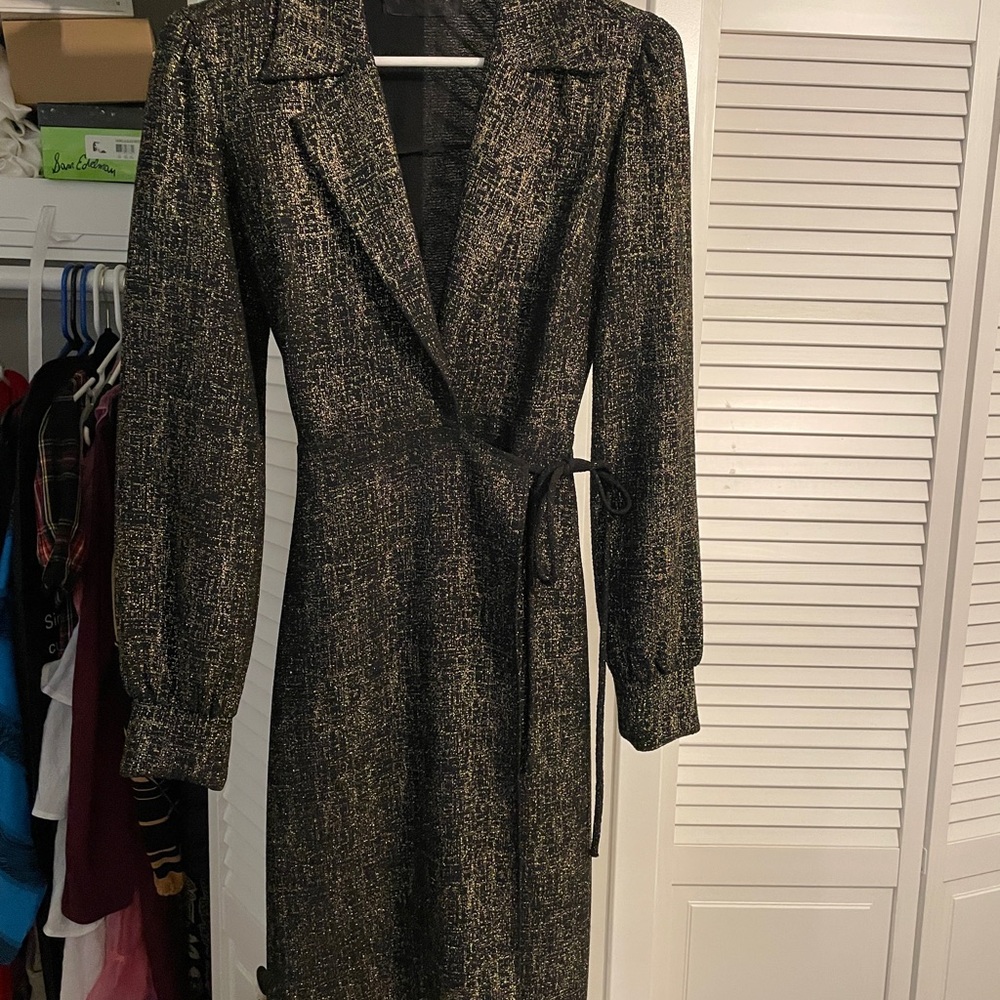 Festive Black and Gold Reformation Wrap Dress